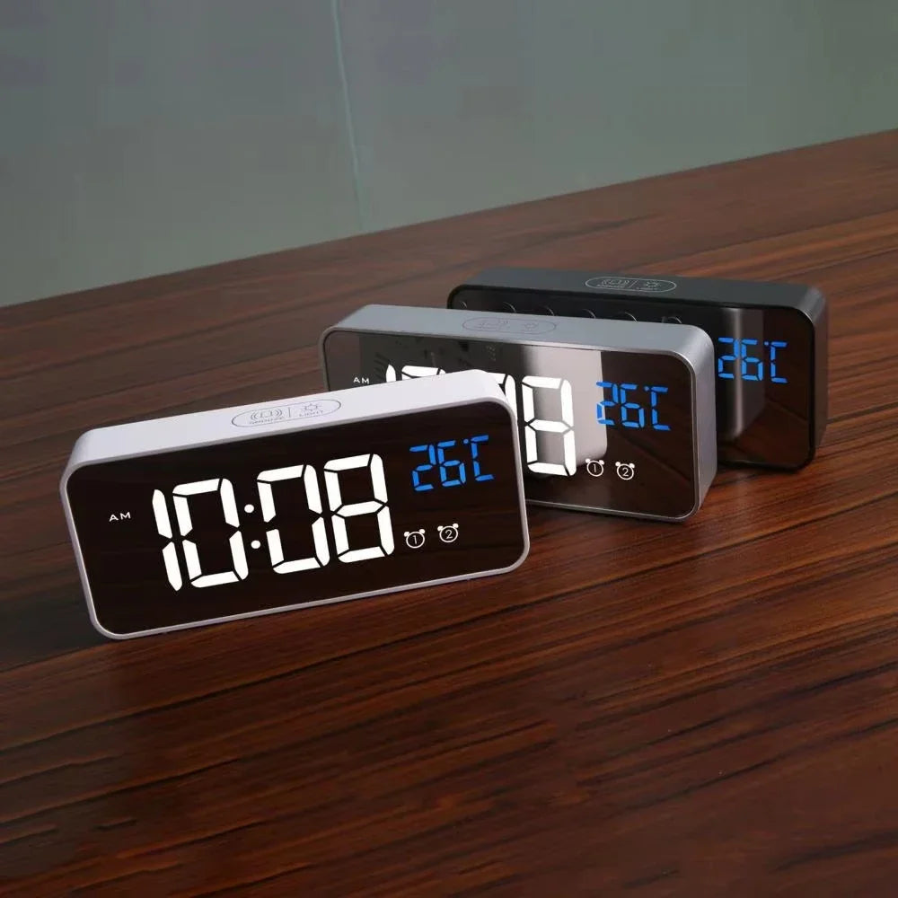 Smart LED Mirror Alarm Clock with Voice Control USB Charging Dual Alarms Snooze Mode for Bedside Table Timepiece Home Decor