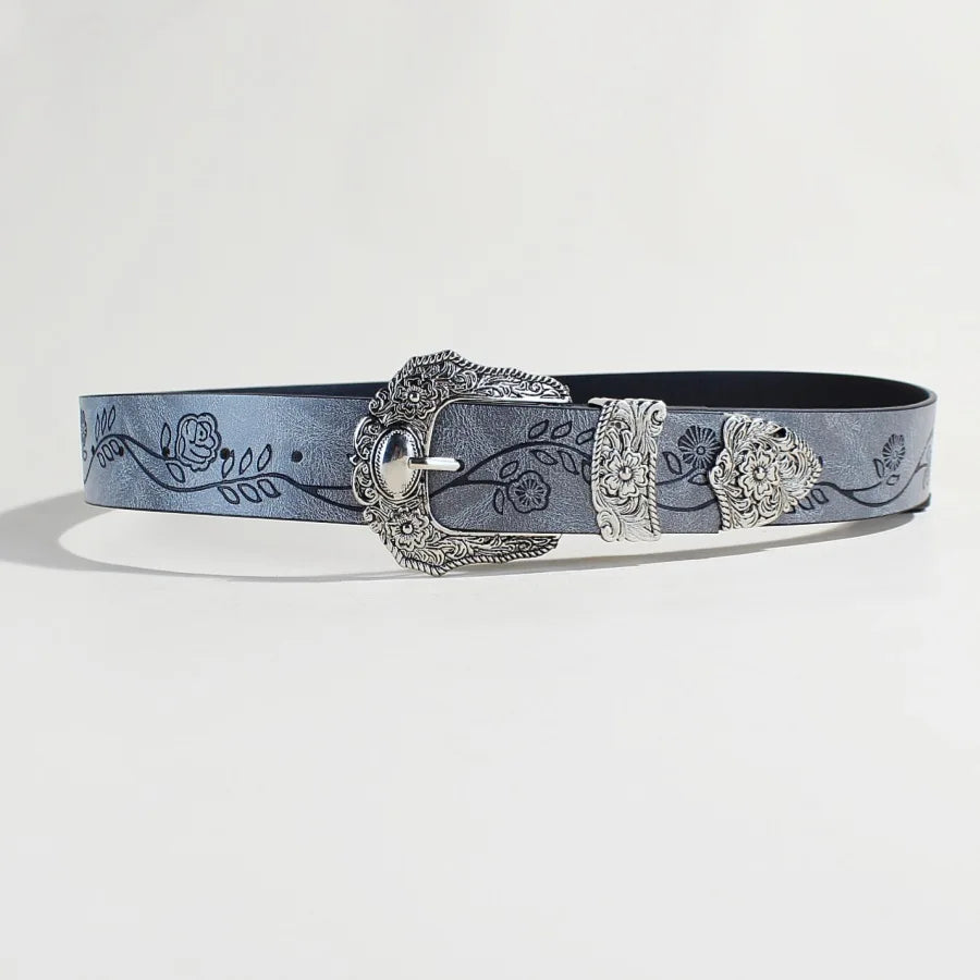 Western Style Printed Solid Color Pu Belt Buckle, Retro Casual Women's Belt, Classic Jeans Decorative Belt
