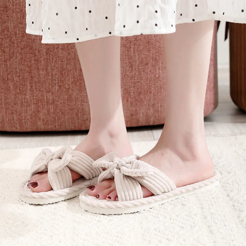 Women's Bow Flat Heel Slippers Home Non-slip Open-toe Breathable Slippers for All Season ladies Bedroom Fashion Soft Sole Slides
