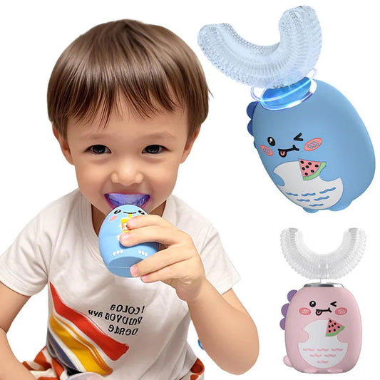 Children U-shaped Electric Toothbrush 360 Degrees Smart Cartoon Kids Silicone Toothbrush Automatic Rechargeable Sonic Toothbrush