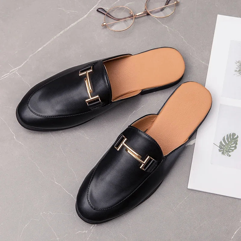 Fashion Men's Half Slippers 2022 High Quality Leather Men Shoes Classic Mules Non-slip Half Shoes Man Summer White Moccasins
