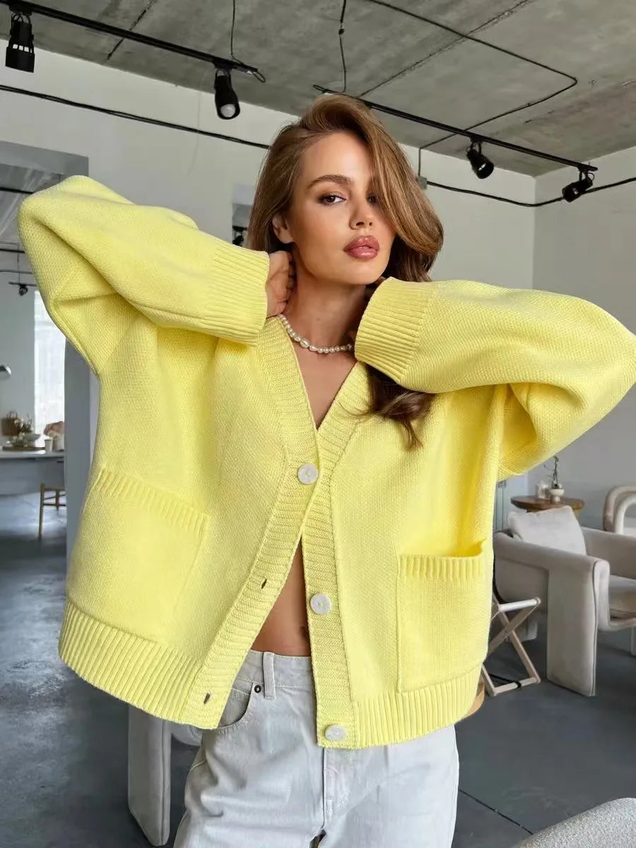 Knitted Sweater Coat Women 2025 Autumn Winter Long Sleeve V-neck Pockets Knit Jacket Cardigan New Casual Loose Sweaters Female