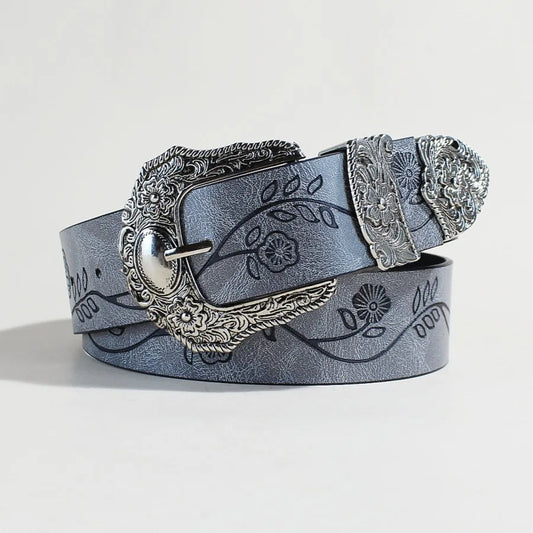 Western Style Printed Solid Color Pu Belt Buckle, Retro Casual Women's Belt, Classic Jeans Decorative Belt