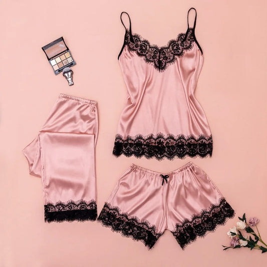 Sexy Pajama Set for Women Black Lace Satin V-Neck Pyjama Sleeveless Cute Cami Top Shorts Trousers Lingerie Nightie Homewear 3pcs