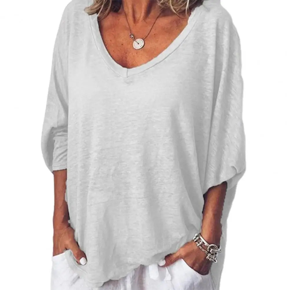 Women T-shirt Top Solid Color Women's V-neck 3/4 Batwing Sleeve T-shirt Loose Fit Lightweight Breathable Top for Casual Wear