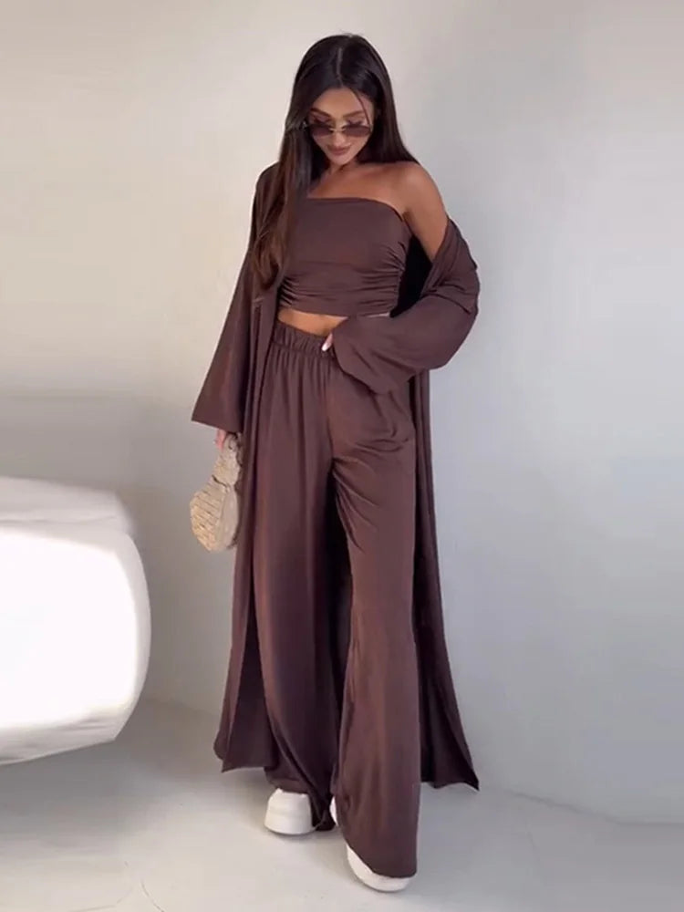 Pants Sets Women 3 Piece Off Shoulder Sleeveless Cropped Tank Top Long Cardgian Elastic Wide Leg Pant Female Suit Lady Outfits