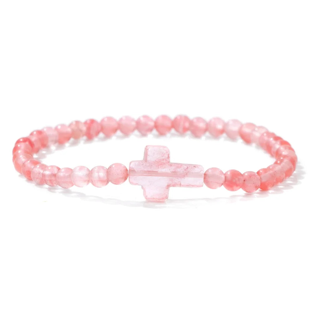 Jesus Cross Bracelet 4mm Beads Natural Stone Indian Agates Amethysts Quartzs Beaded Bracelets For Women Men Prayer Jewelry