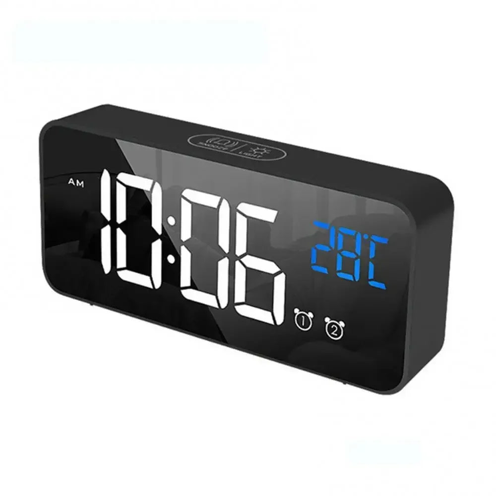 Smart LED Mirror Alarm Clock with Voice Control USB Charging Dual Alarms Snooze Mode for Bedside Table Timepiece Home Decor