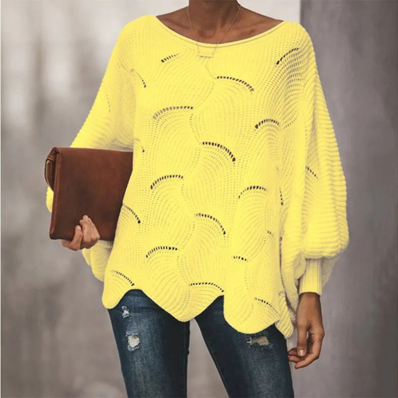 Women's Sweater 2025 Autumn Winter Elegant Hollow Out Loose Knitted Lady Pullovers Casual O-Neck Solid Lantern Sleeve Female Top