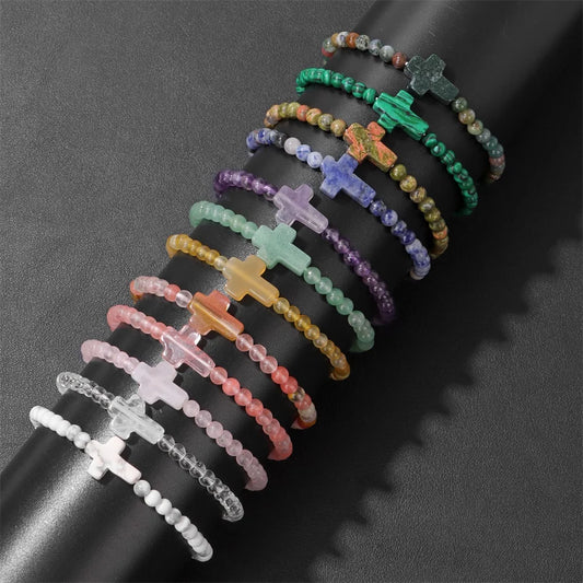 Jesus Cross Bracelet 4mm Beads Natural Stone Indian Agates Amethysts Quartzs Beaded Bracelets For Women Men Prayer Jewelry