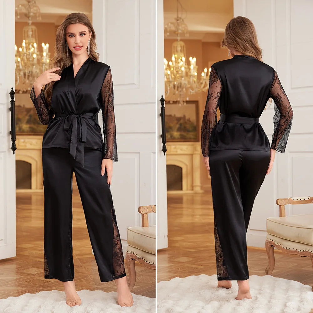 Women's Pajamas Autumn Luxurious Lace Long Sleeve Pajama Set Elegant V-Neck Robe Pants Sleepwear Loungewear
