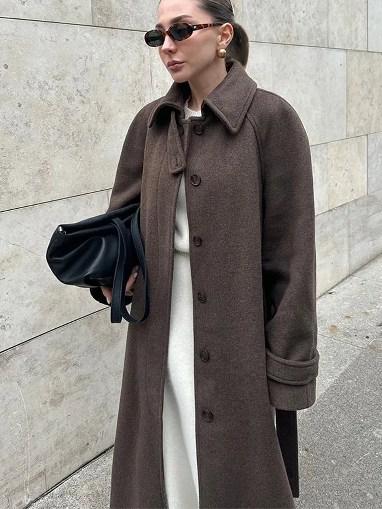 Stand Collar Woolen Long Coat Women Retro Chic Single Breasted Brown Overcoats With Belt Female Autumn Winter Casual Streetwear