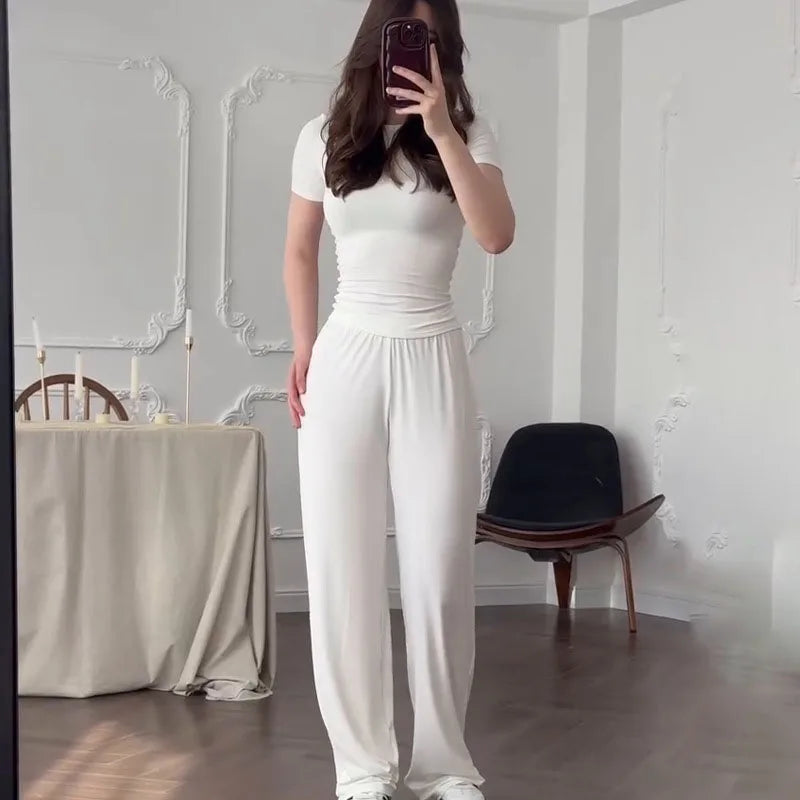 Casual Long Pants Suits Women O-neck Short Sleeve T-shirt Elastic Waist Trousers Set Spring Summer Solid Lady Household Clothes