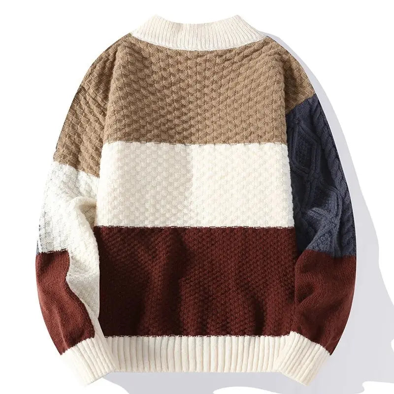 Warm Knitted Sweaters for Men Contrasting Colors High Collar Pullover Man Turtleneck Fleeced Knitwear Loose Fit Harajuku Cheap