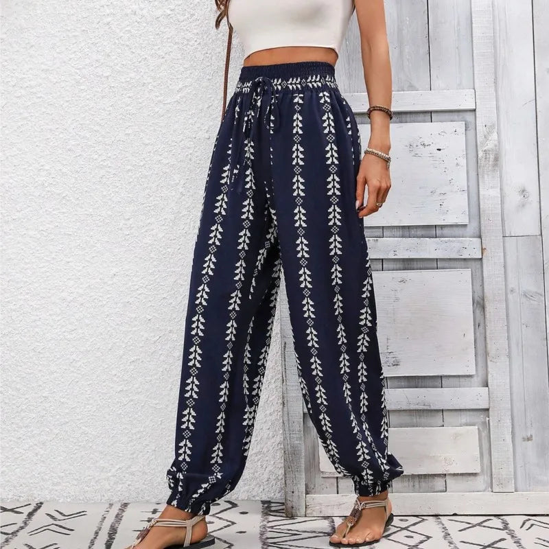 Women's Trousers 2025 Summer Versatile Grid Wide Leg Lantern Pants Casual Pants Lace Up Elastic Waist Long Pants Штаны Женский