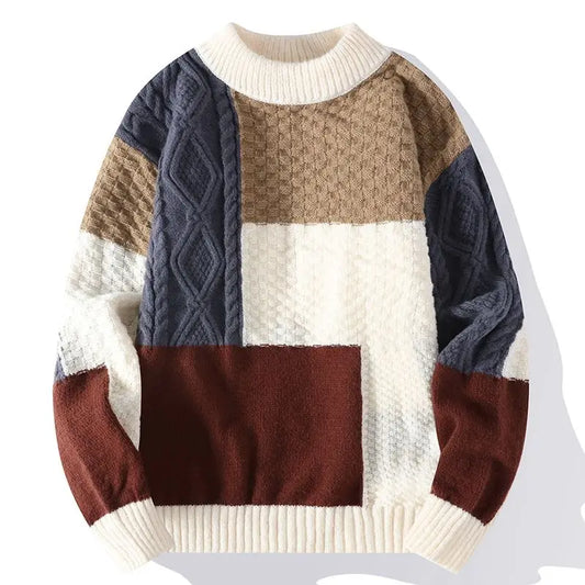 Warm Knitted Sweaters for Men Contrasting Colors High Collar Pullover Man Turtleneck Fleeced Knitwear Loose Fit Harajuku Cheap