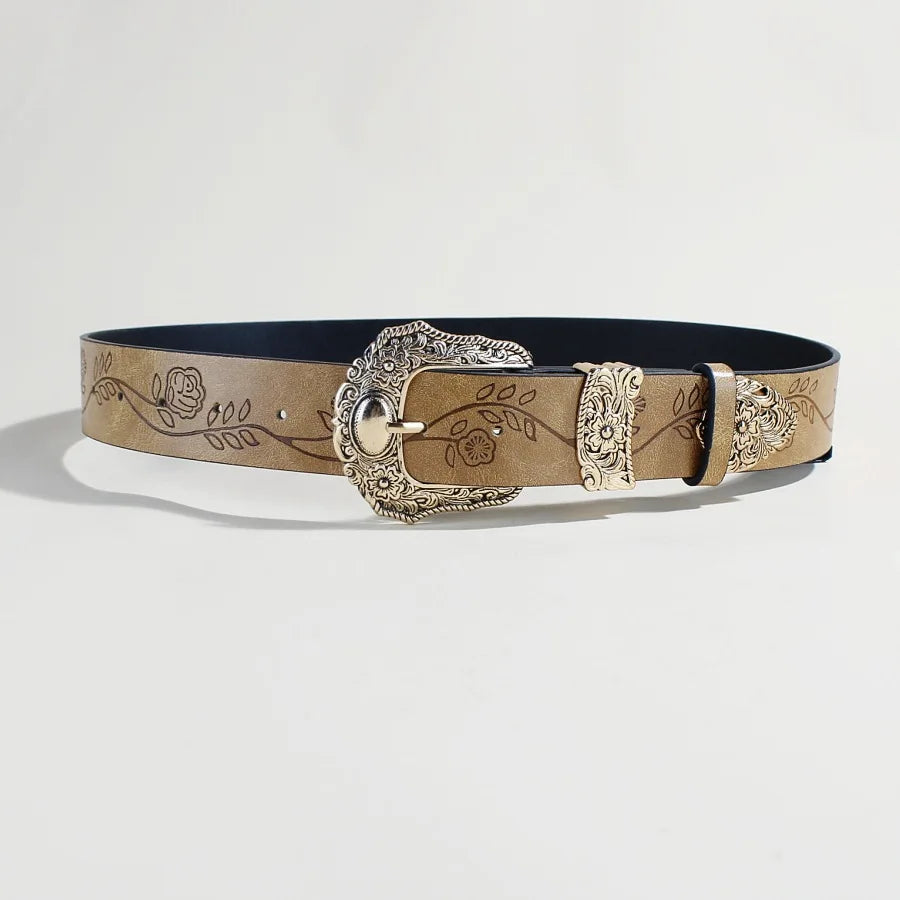 Western Style Printed Solid Color Pu Belt Buckle, Retro Casual Women's Belt, Classic Jeans Decorative Belt
