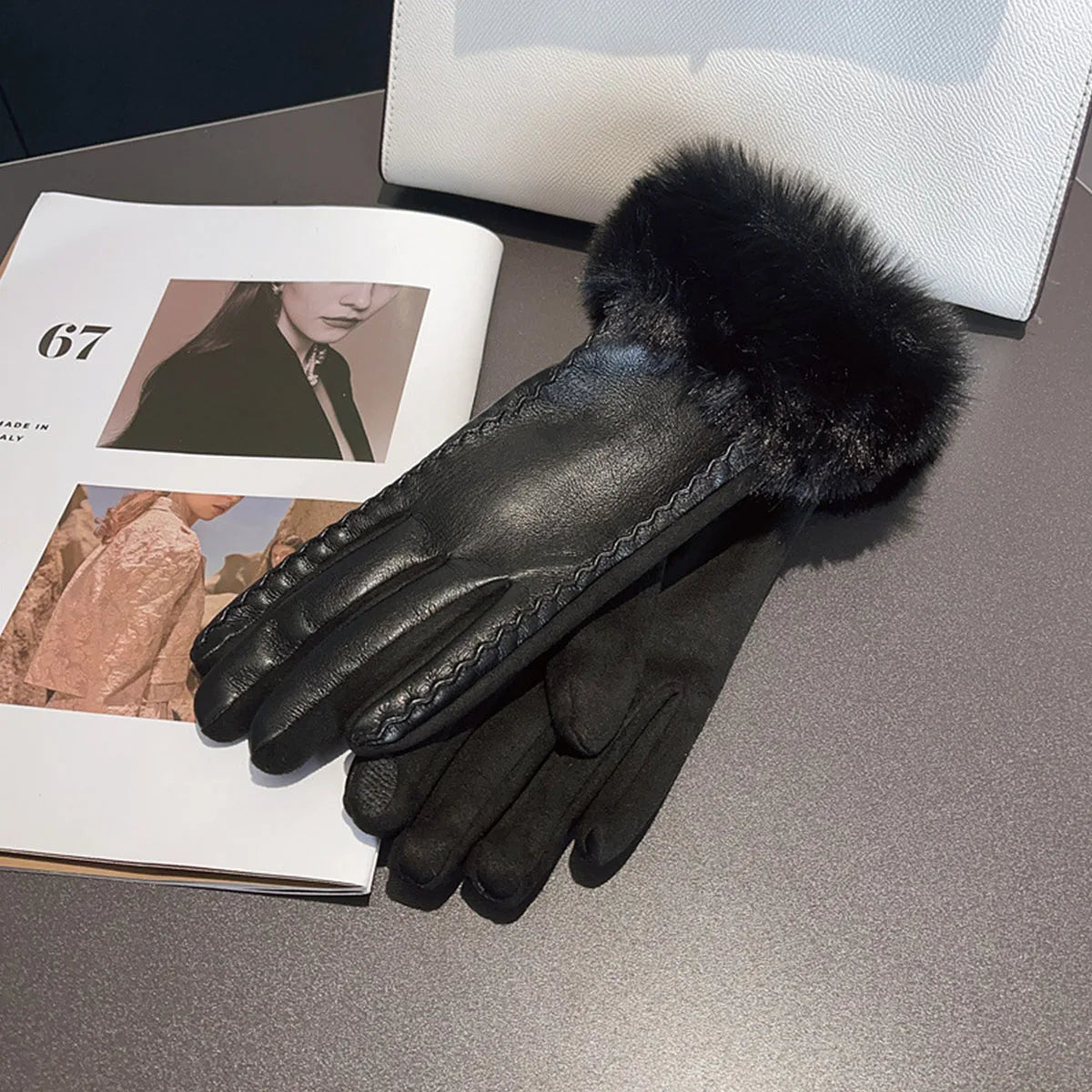 Womens PU Leather Gloves for Cold Weather Winter Warm Gloves with Faux Fur Trim Cuff Thermal Lining Party Gloves