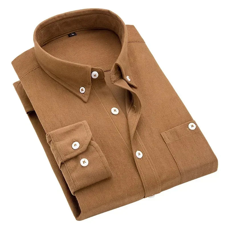 Casual Men Corduroy Shirt 2025 Spring Autumn Long Sleeve Striped T Shirts Male Slim Fit Shirt Turn-down Collar Camisa Masculina