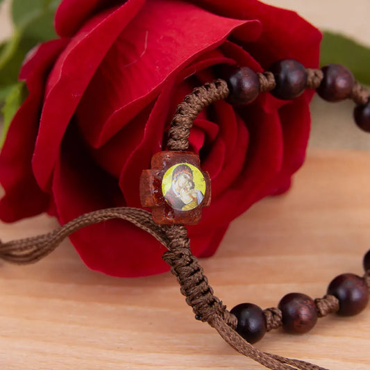 Wooden Rosary Bracelet with Jesus & Mary Medals Handcrafted Catholic Prayer Jewelry for Faith Devotion Religion Gift