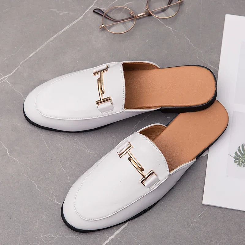 Fashion Men's Half Slippers 2022 High Quality Leather Men Shoes Classic Mules Non-slip Half Shoes Man Summer White Moccasins