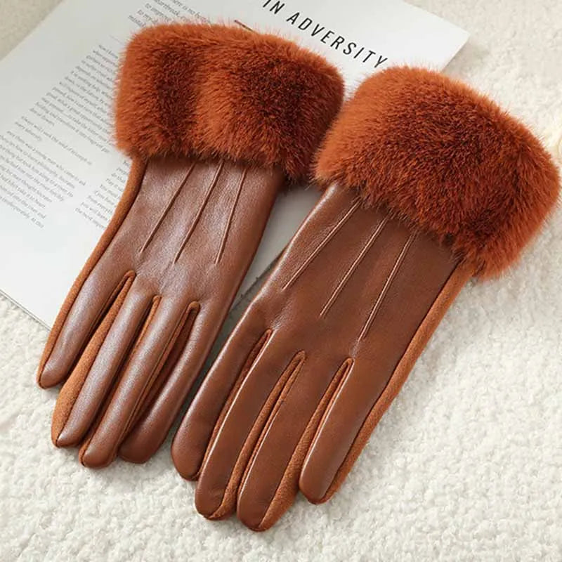 Winter Luxury Women's PU Leather Gloves Wrist Soft Faux Fur Trim Cuff Fashion Elegant Party Warm Touch Screen Drive Cycling