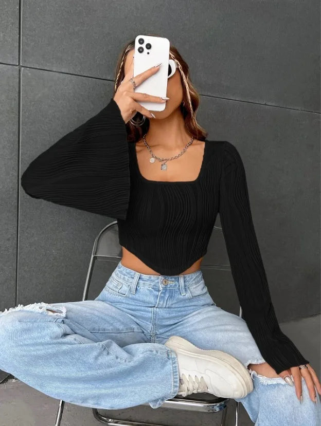 Women's T-shirt Summer Thin U-neck Top Water Ripple Slim Fit Midriff-baring Trumpet Long-sleeved T-shirt Female Street Trendy