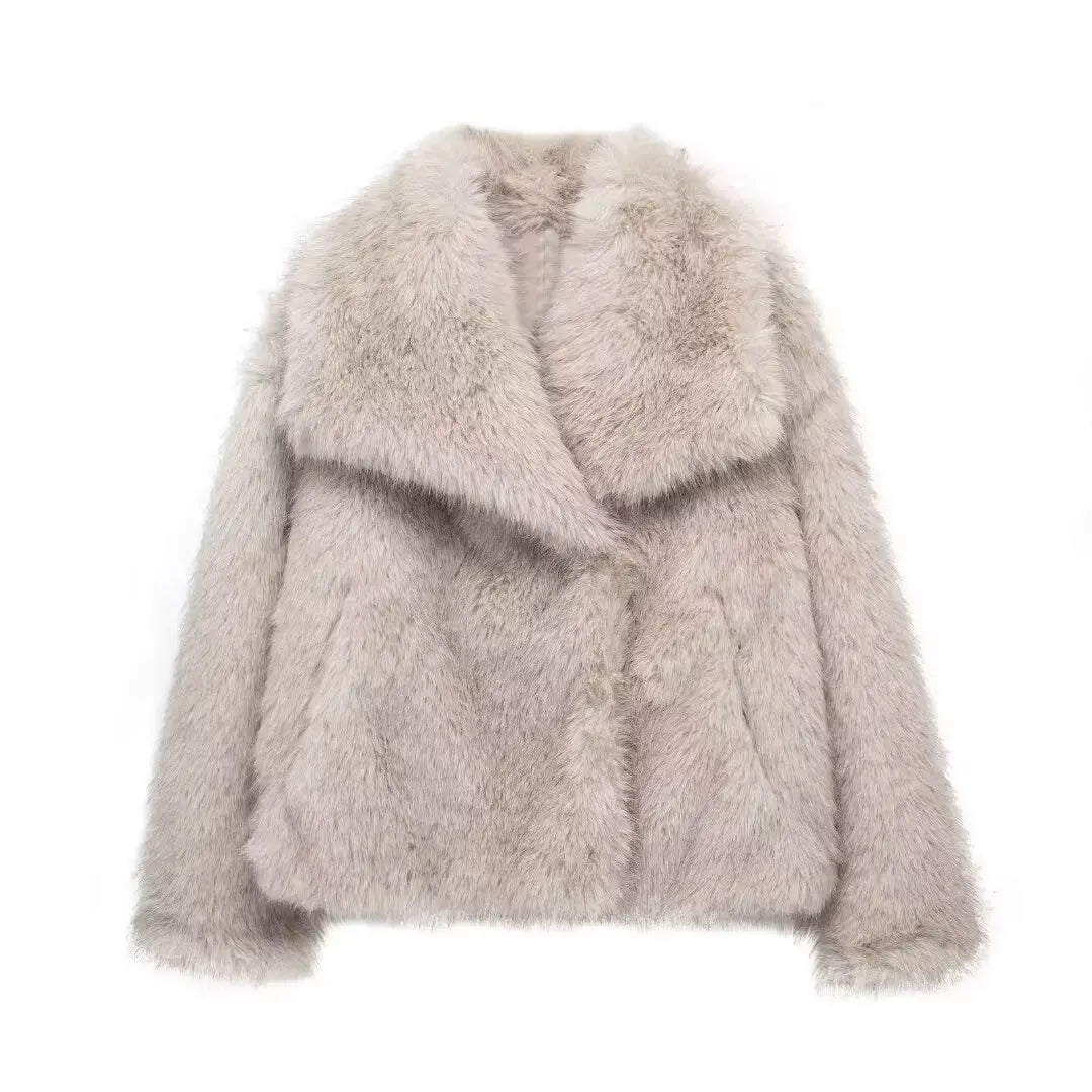 Women's Fashion Winter Solid Thick Warm Faux Fur Coat Lapel Collar Long Sleeves Female Chic Lady Casual Outfits Winter Coats