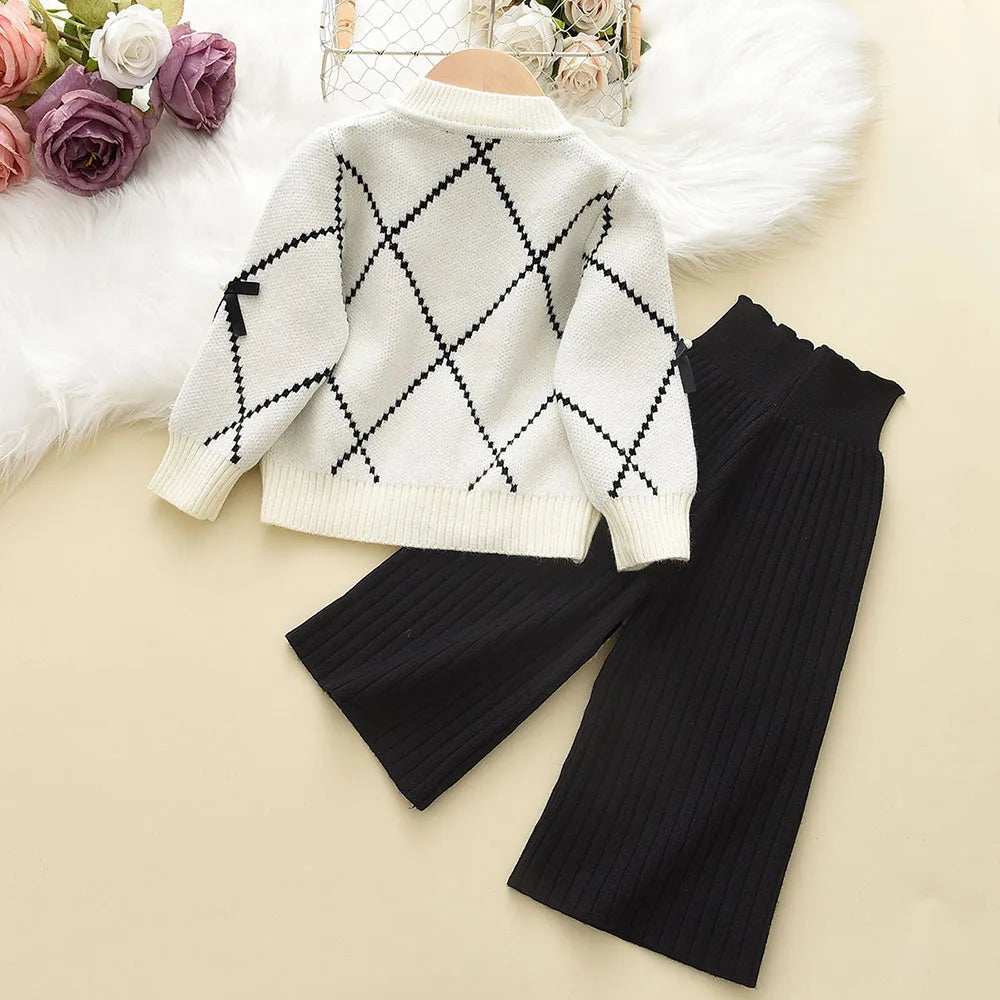 Kids Clothes Girls Autumn and Winter New Children's Clothing Bow Single Breasted Cardigan Pink Sweater+black Pants 2-piece Sets