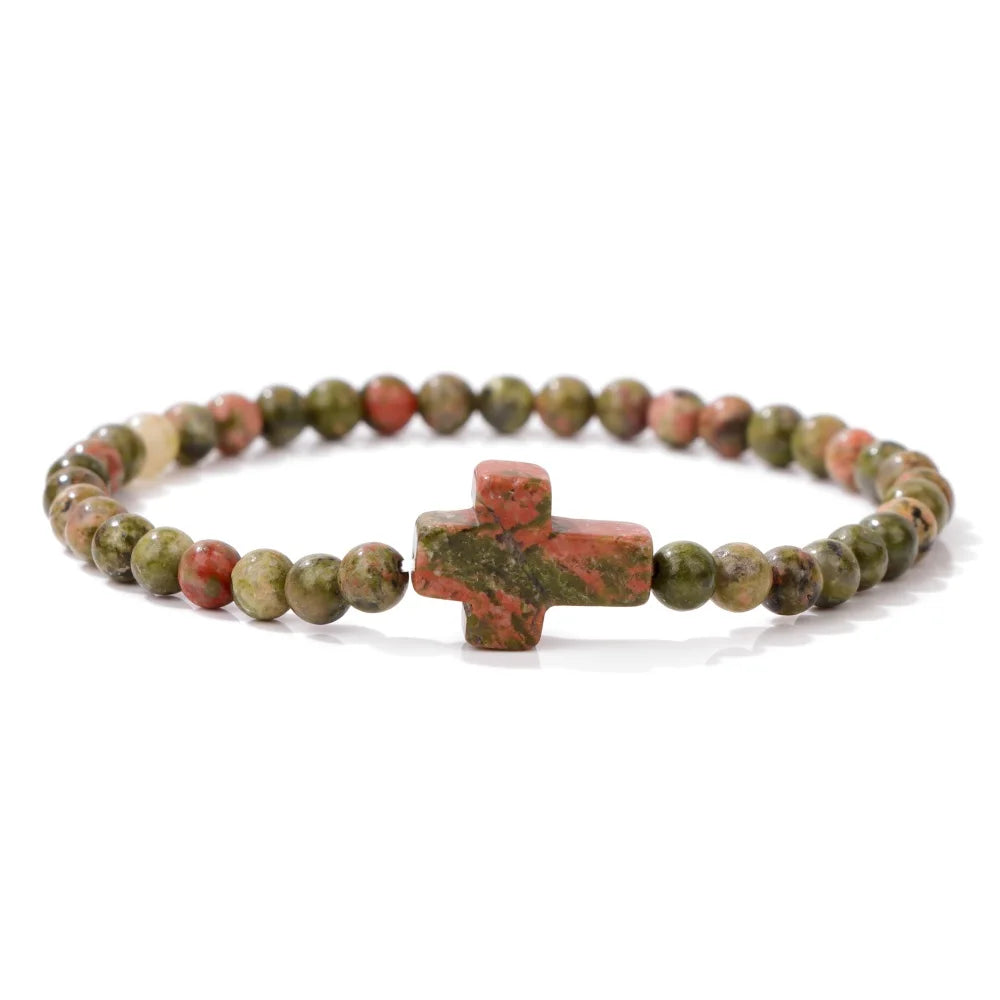 Jesus Cross Bracelet 4mm Beads Natural Stone Indian Agates Amethysts Quartzs Beaded Bracelets For Women Men Prayer Jewelry