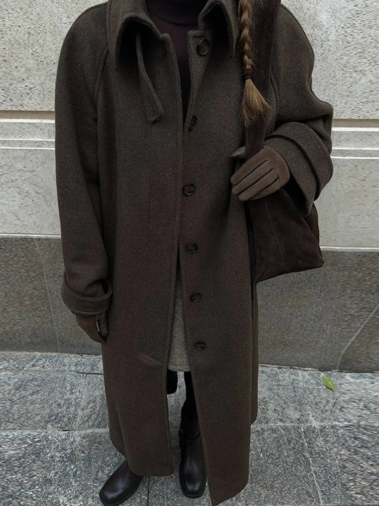 Stand Collar Woolen Long Coat Women Retro Chic Single Breasted Brown Overcoats With Belt Female Autumn Winter Casual Streetwear