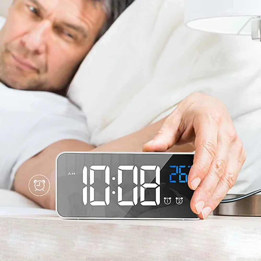 Smart LED Mirror Alarm Clock with Voice Control USB Charging Dual Alarms Snooze Mode for Bedside Table Timepiece Home Decor