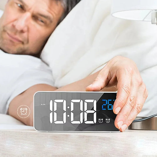 Smart LED Mirror Alarm Clock with Voice Control USB Charging Dual Alarms Snooze Mode for Bedside Table Timepiece Home Decor