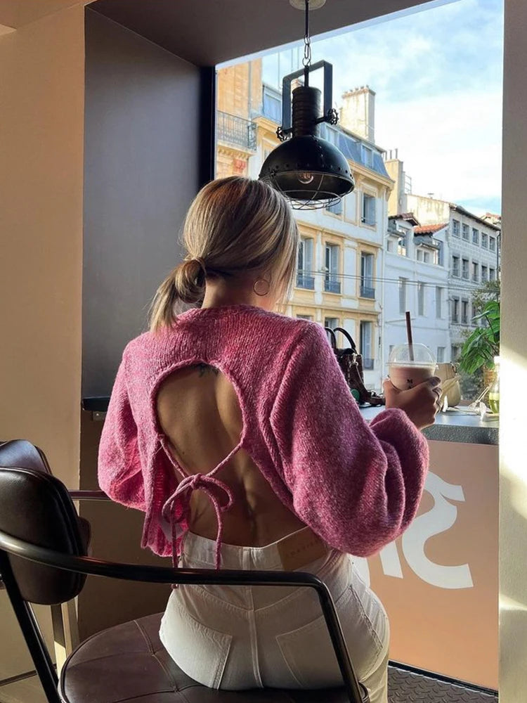 Women's Sweater 2023 Fashion Cute Vintage Solid Backless Knitted Pullovers Knitwear Long Sleeves O-Neck Female Chic Lady Tops