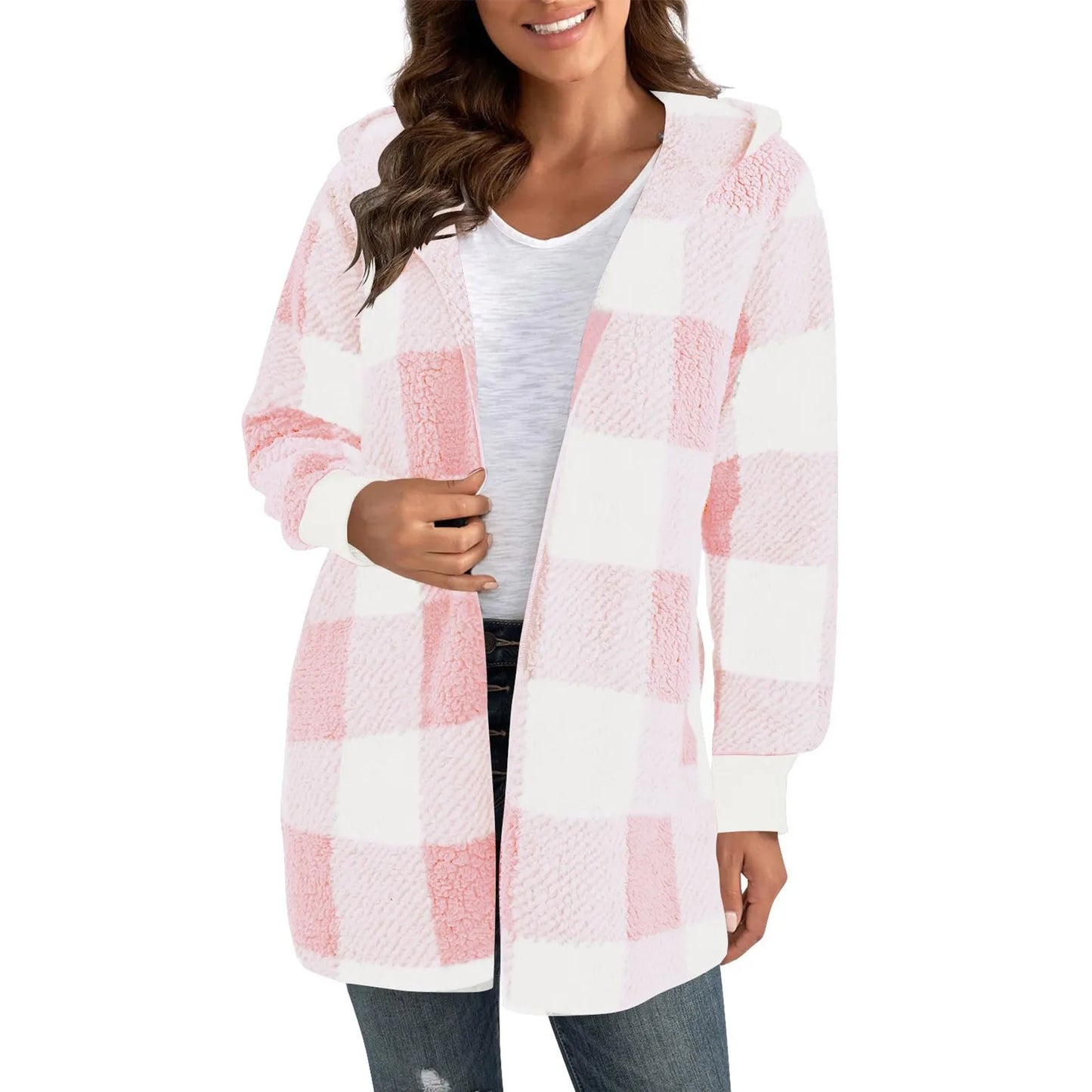 Lapel Plush Elegant Coats Plaid Faux Fur Outwear Loose Trend Women Long Sleeve Pockets Long-Cut Coats Winter Women Faux Fur Coat