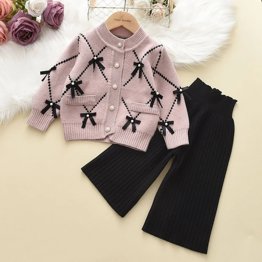 Kids Clothes Girls Autumn and Winter New Children's Clothing Bow Single Breasted Cardigan Pink Sweater+black Pants 2-piece Sets