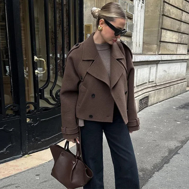 Stand Collar Women Winter Woolen Coats Single Breasted Loose Female Long Sleeve Jacket  Autumn Office Lady Street Short Coat