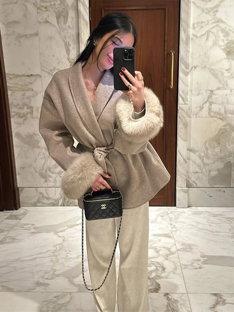 Elegant Women's Coat V-neck Faux Fur Loose Sleeve Belt Lace Up Solid Female Coats 2025 Autumn Warm Fashion Dating Lady Outwear