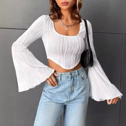 Women's T-shirt Summer Thin U-neck Top Water Ripple Slim Fit Midriff-baring Trumpet Long-sleeved T-shirt Female Street Trendy