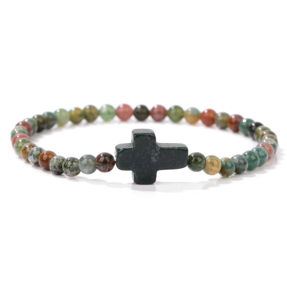 Jesus Cross Bracelet 4mm Beads Natural Stone Indian Agates Amethysts Quartzs Beaded Bracelets For Women Men Prayer Jewelry