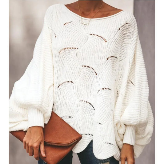 Women's Sweater 2025 Autumn Winter Elegant Hollow Out Loose Knitted Lady Pullovers Casual O-Neck Solid Lantern Sleeve Female Top