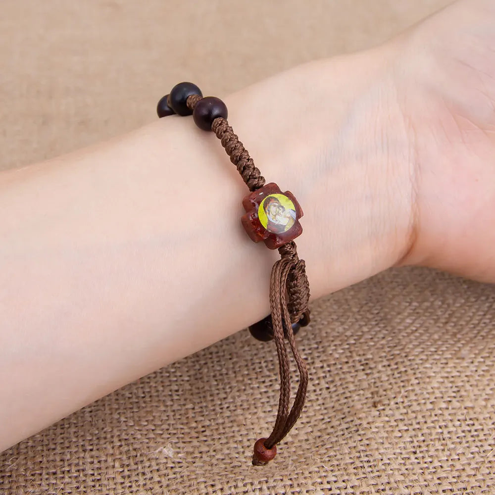 Wooden Rosary Bracelet with Jesus & Mary Medals Handcrafted Catholic Prayer Jewelry for Faith Devotion Religion Gift