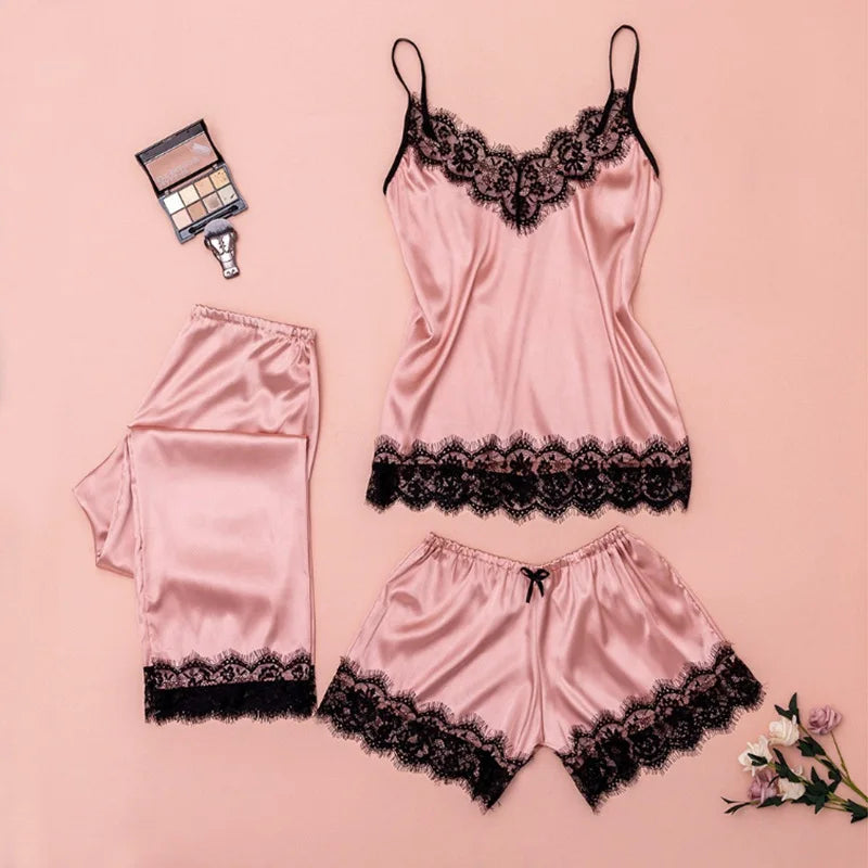 Sexy Pajama Set for Women Black Lace Satin V-Neck Pyjama Sleeveless Cute Cami Top Shorts Trousers Lingerie Nightie Homewear 3pcs