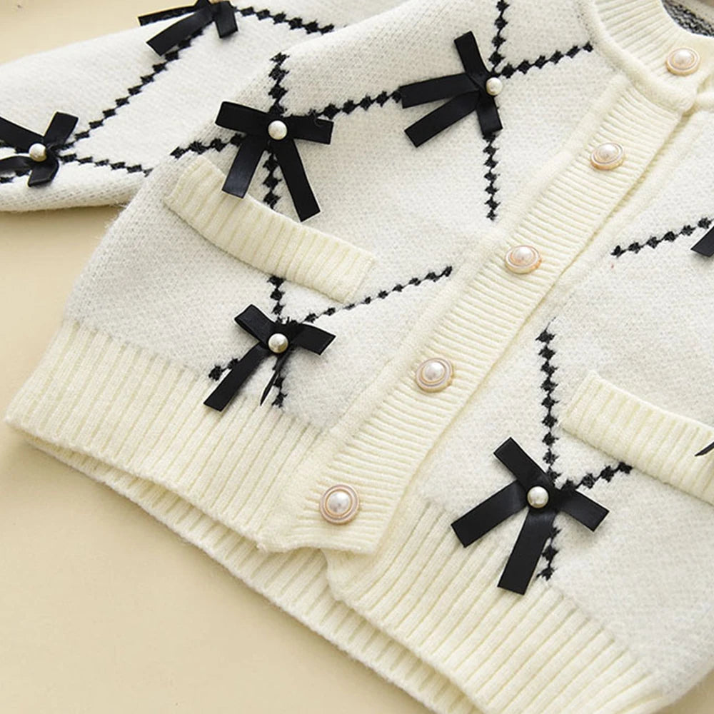 Kids Clothes Girls Autumn and Winter New Children's Clothing Bow Single Breasted Cardigan Pink Sweater+black Pants 2-piece Sets