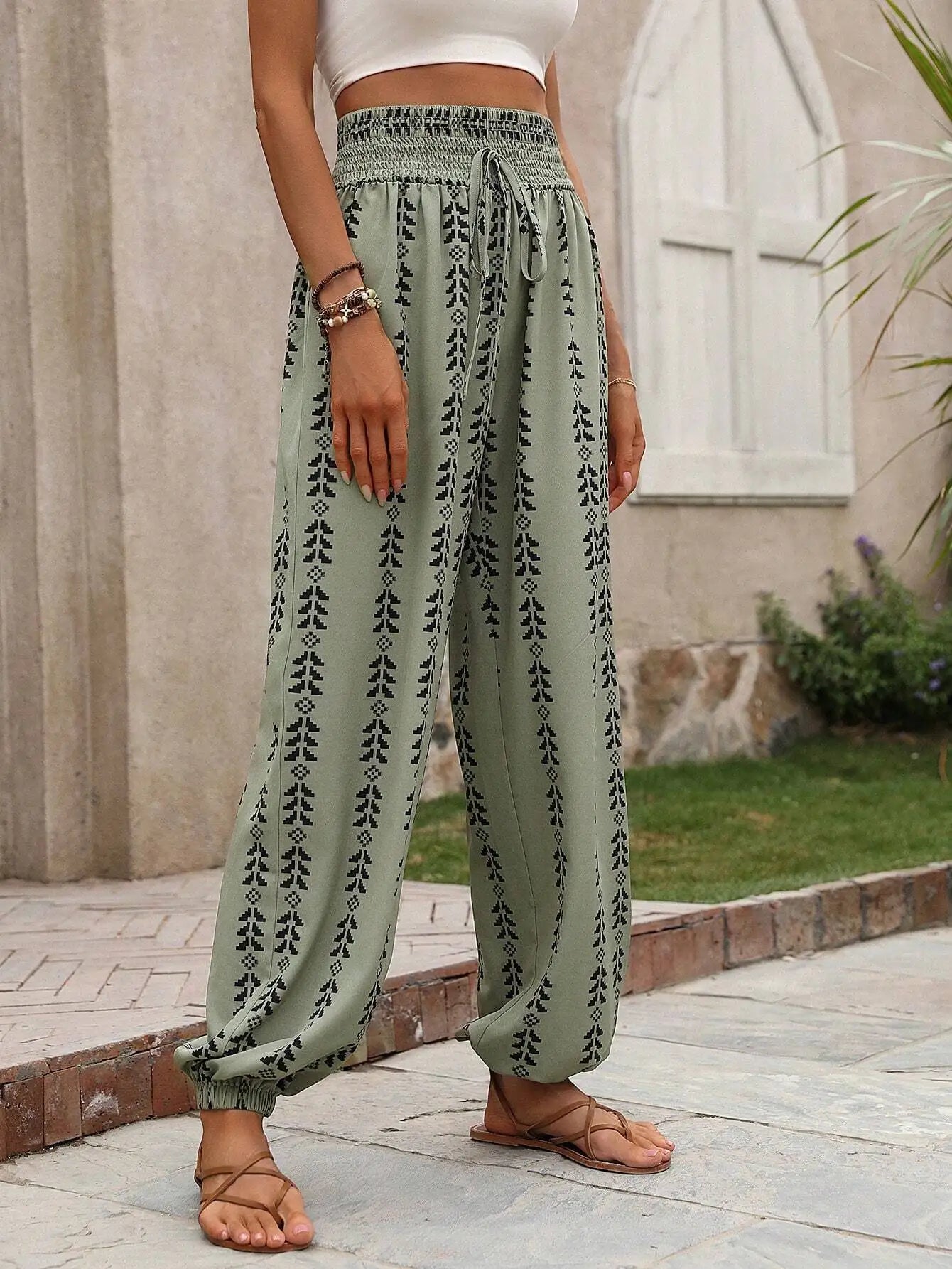 Women's Trousers 2025 Summer Versatile Grid Wide Leg Lantern Pants Casual Pants Lace Up Elastic Waist Long Pants Штаны Женский
