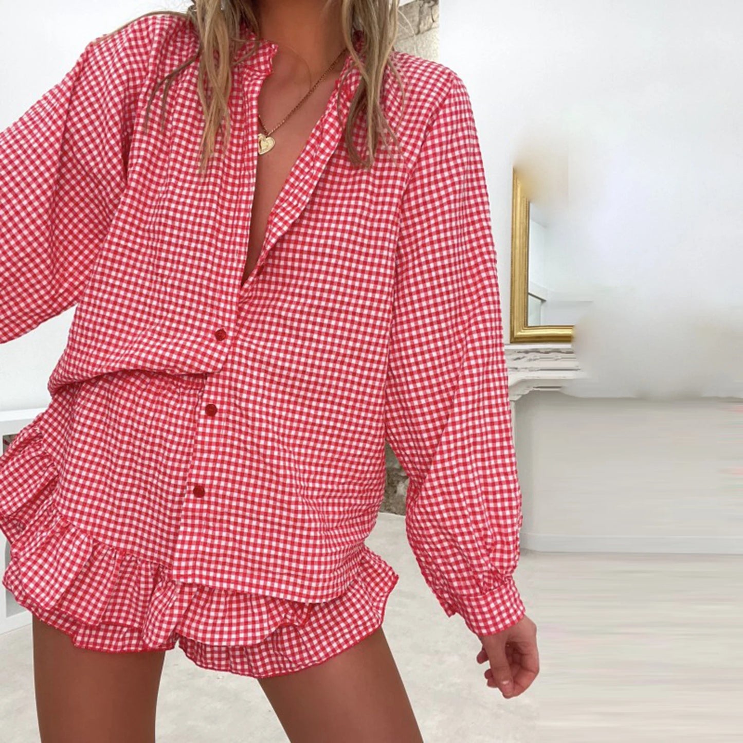 Women's 2 Piece Beach Outfits Long Sleeve Button Plaid Tops Tiered Ruffle Skirted Shorts Sets