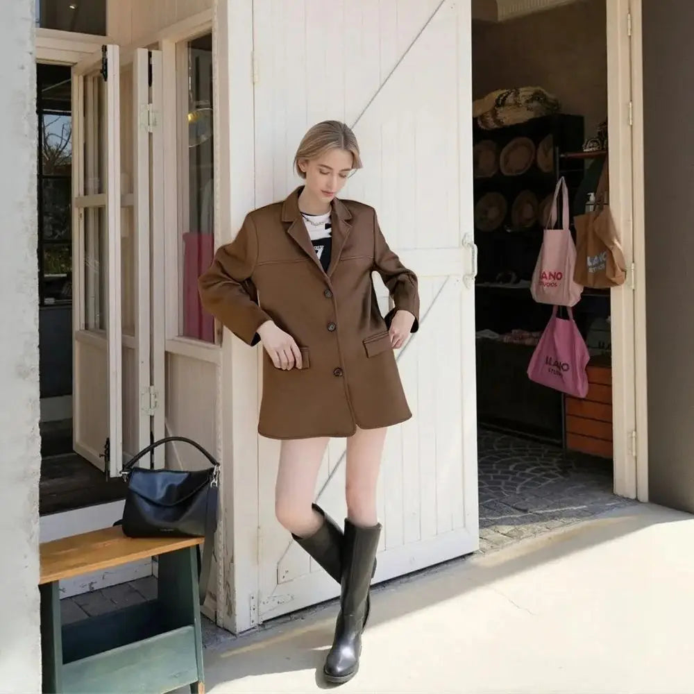 Women Fashion Vintage Leather Jacket 2025 Autumn Winter New In Solid Lapel Single Breasted Coat Street Loose Blazer Outfit Coats