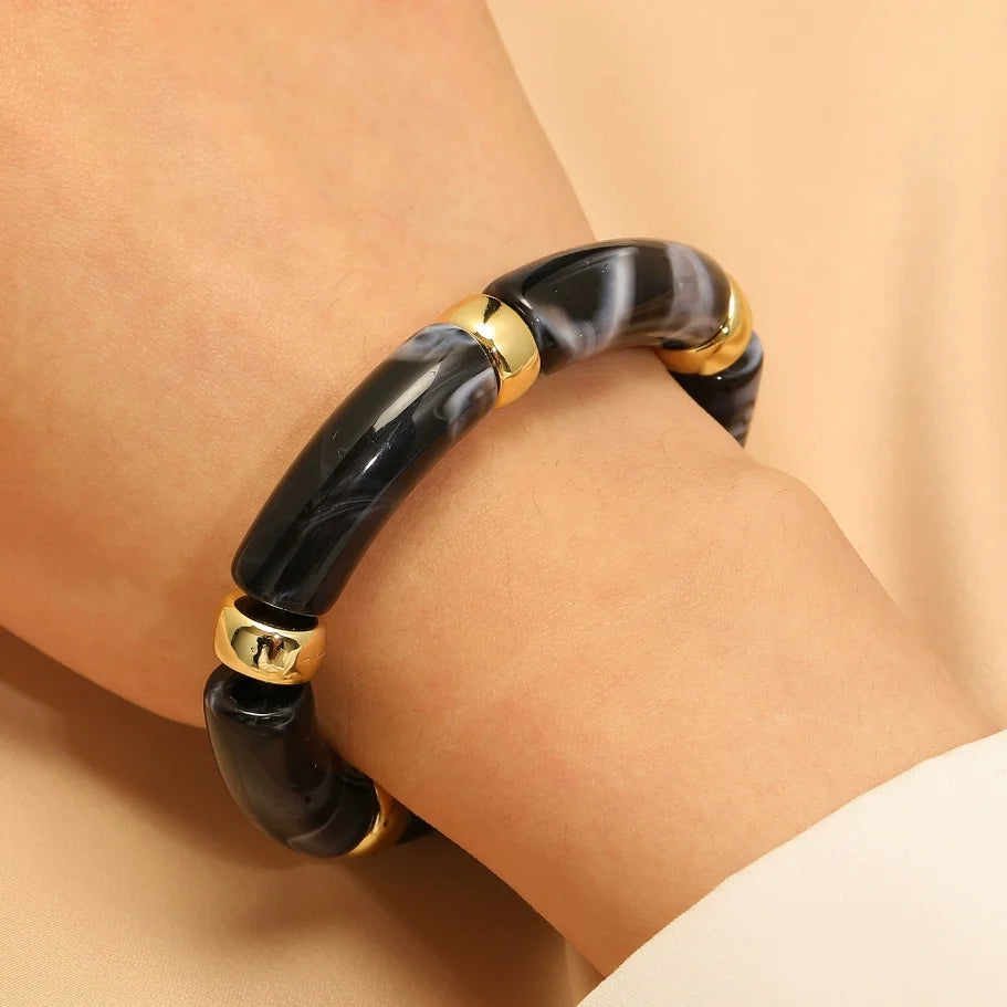 Bohemian Acrylic Bracelets for Women Girls Fashion Party Jewelry Gift Colorful Column Elastic Rope Adjustable Simple Bracelets