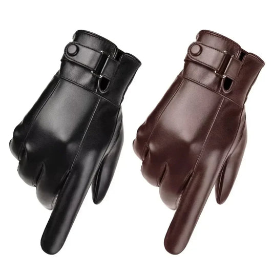 Winter Gloves for Men Genuine Leather Gloves Warm Plus Velvet Touch Screen Gloves Outdoor Cycling Driving Motorcycle PU Gloves