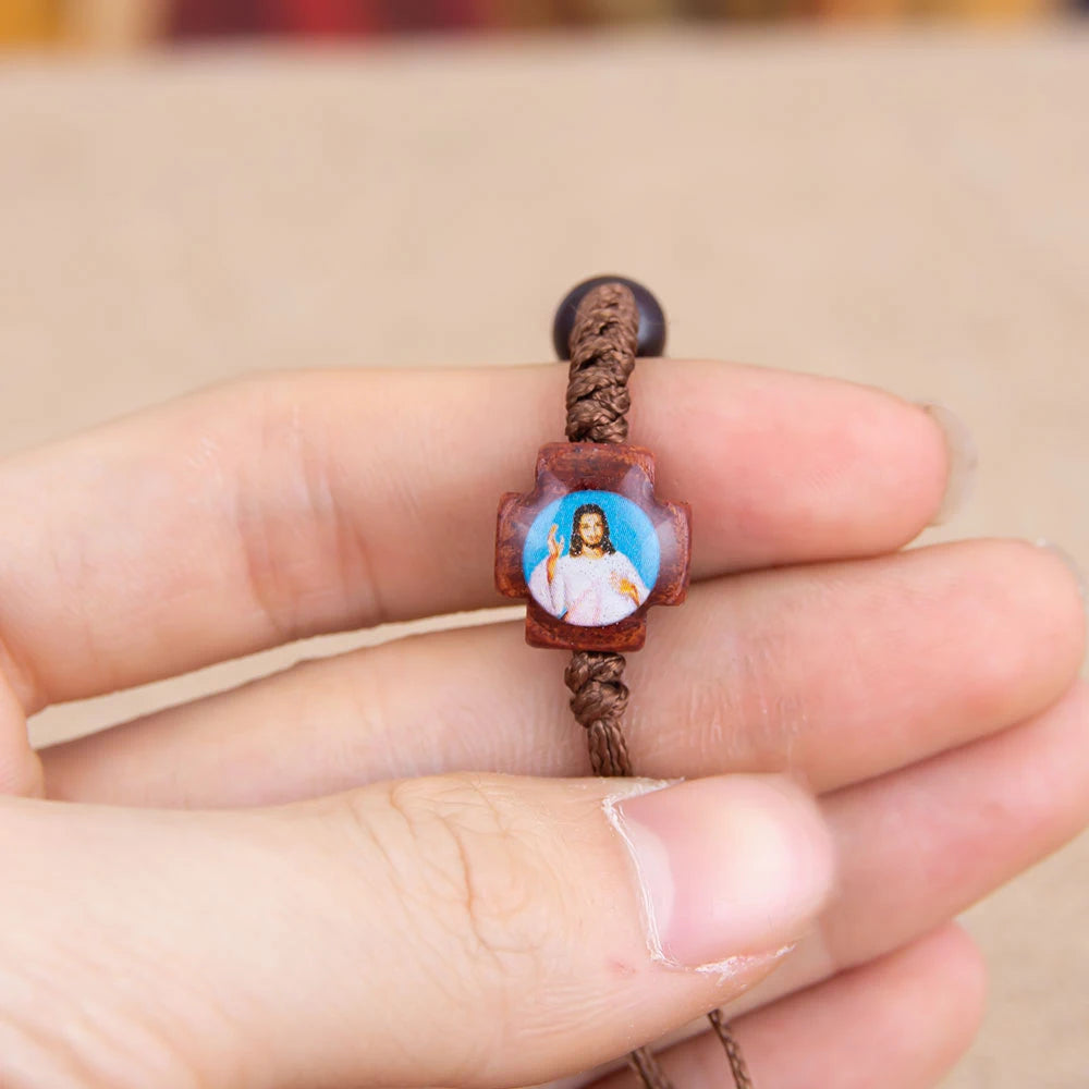 Wooden Rosary Bracelet with Jesus & Mary Medals Handcrafted Catholic Prayer Jewelry for Faith Devotion Religion Gift